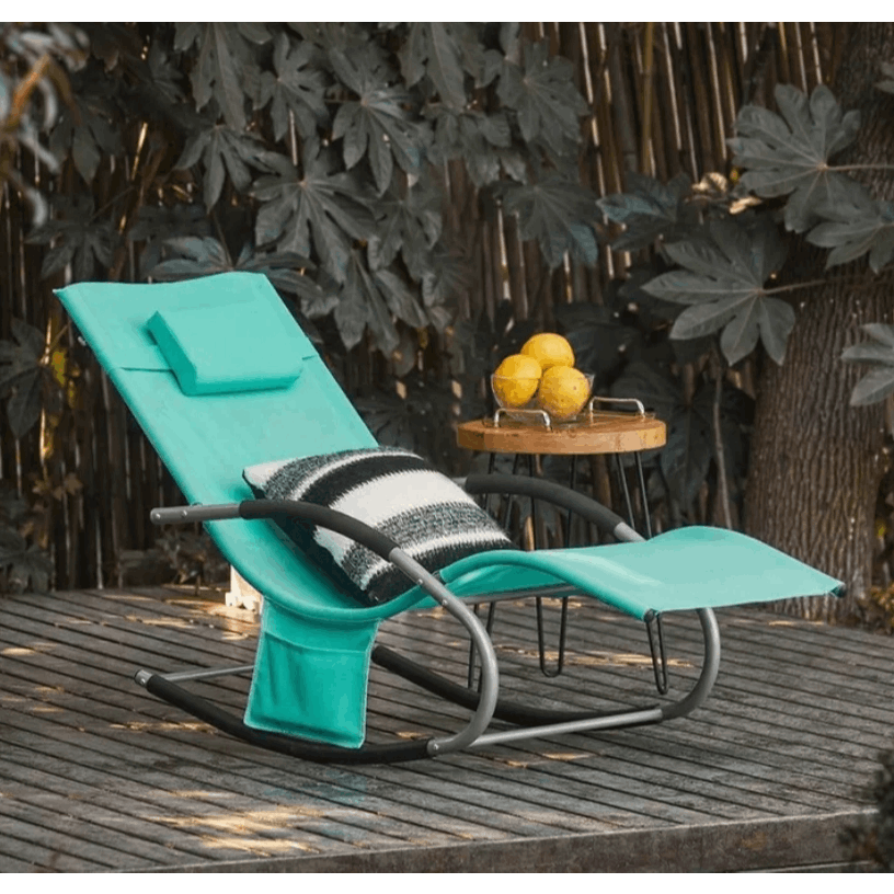1 Pezzo Lettino Prendisole Lettino da Giardino Sdraio Relax Sedia a Dondolo da Esterno con Cuscino Poggiatesta Superficie Ergonomica Tessuto Resistente agli Agenti Atmosferici Struttura in Metallo Tasca Laterale Portata Massima 150 kg Terrazza Balcone Gia