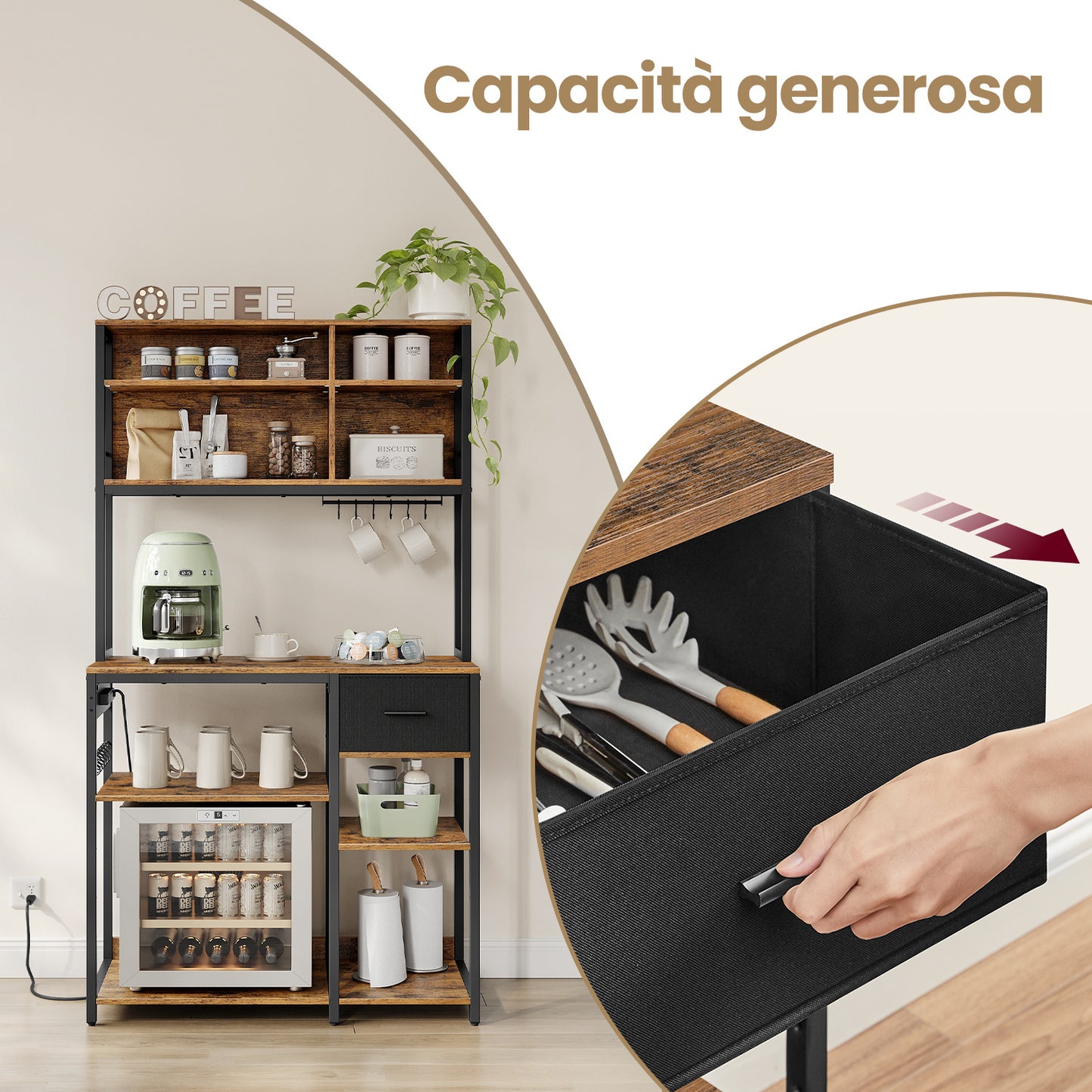 Scaffale Cucina con Multipresa, Mobile Cucina con Ripiani Regolabili, Cassetto in Tessuto, 12 Ganci, 40 x 100 x 180,4 cm, Scaffale per Microonde