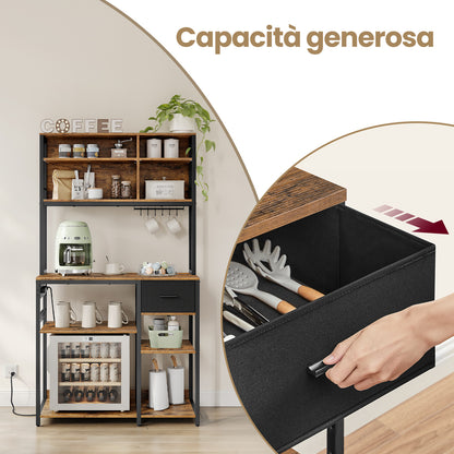 Scaffale Cucina con Multipresa, Mobile Cucina con Ripiani Regolabili, Cassetto in Tessuto, 12 Ganci, 40 x 100 x 180,4 cm, Scaffale per Microonde