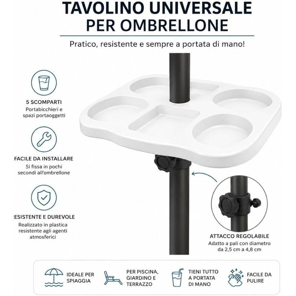 Cecaro Group Tavolino Porta Oggetti per Ombrellone 35x35 cm – Tavolo Universale con Morsetto Regolabile 22-40 mm – Ideale per Mare, Spiaggia, Giardino e Piscina
