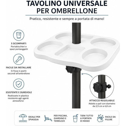 Cecaro Group Tavolino Porta Oggetti per Ombrellone 35x35 cm – Tavolo Universale con Morsetto Regolabile 22-40 mm – Ideale per Mare, Spiaggia, Giardino e Piscina