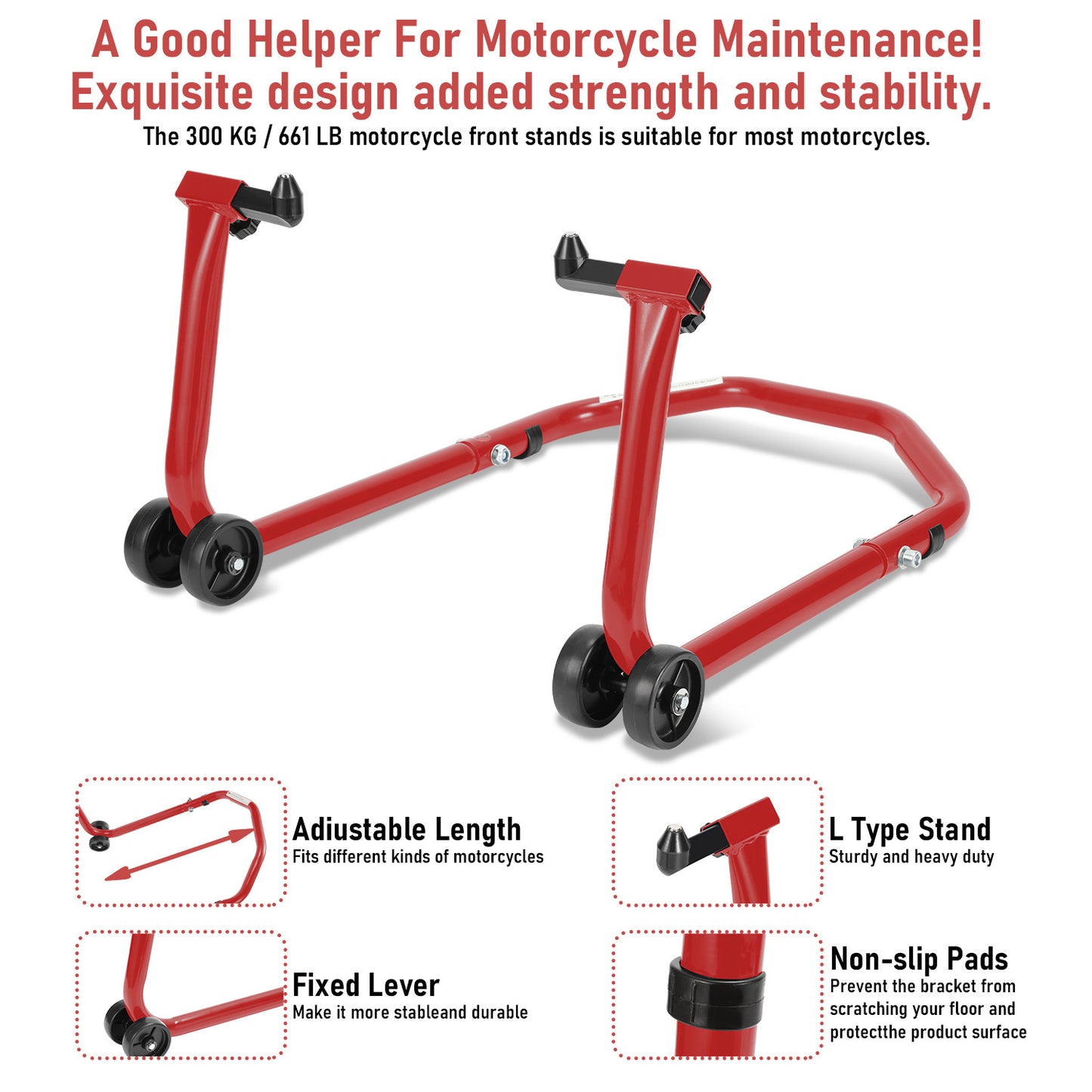 Cavalletto per moto anteriore/trasversale, cavalletto di assemblaggio per moto fino a 300 kg, sollevatore per moto, cavalletto a bilanciere per moto con doppia ruota, cavalletto per moto ad alta stabilità (Nero/Rosso)