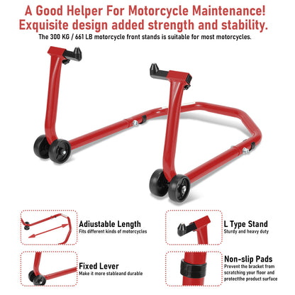 Cavalletto per moto anteriore/trasversale, cavalletto di assemblaggio per moto fino a 300 kg, sollevatore per moto, cavalletto a bilanciere per moto con doppia ruota, cavalletto per moto ad alta stabilità (Nero/Rosso)