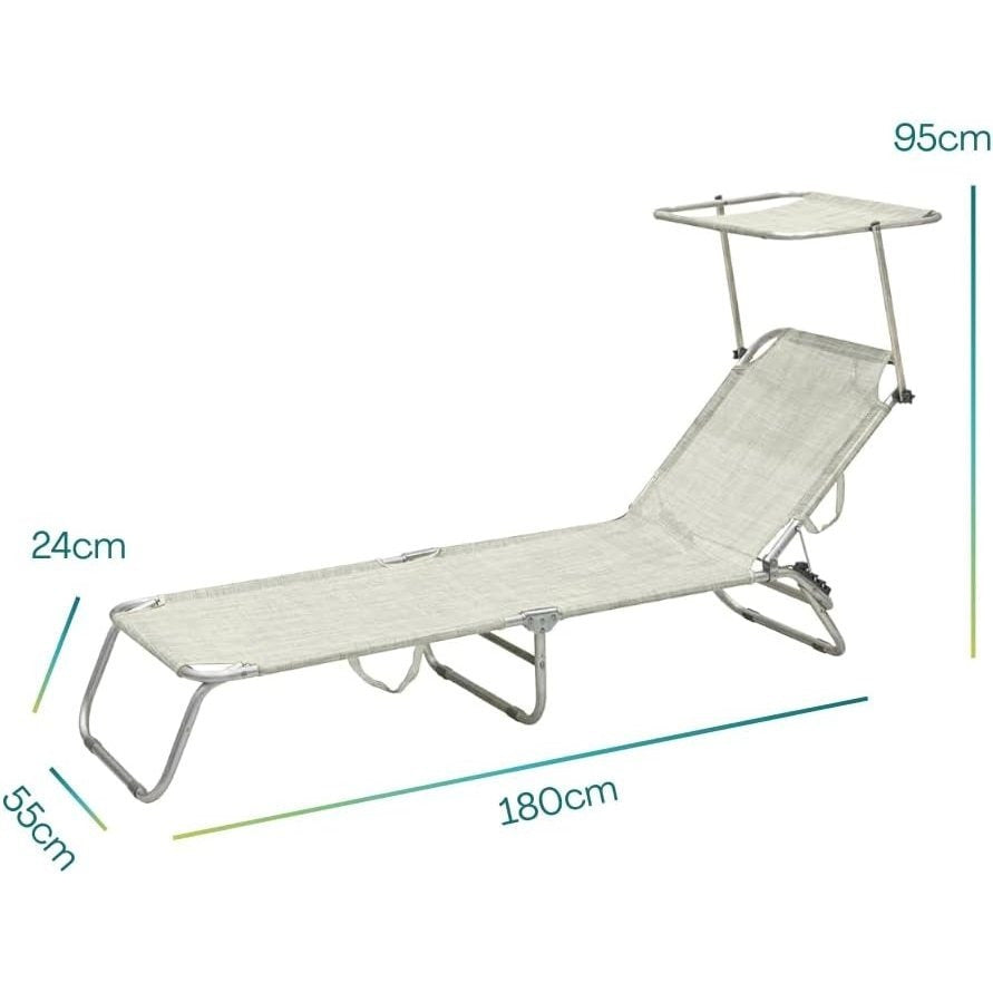 2 Lettini Prendisole Pieghevoli con Tetto Parasole, Misura 180x55x90 cm, Tessuto Textilene, Struttura Metallo Tubolare da 18mm, per Spiaggia, Piscina, Giardino, Peso Max 120kg