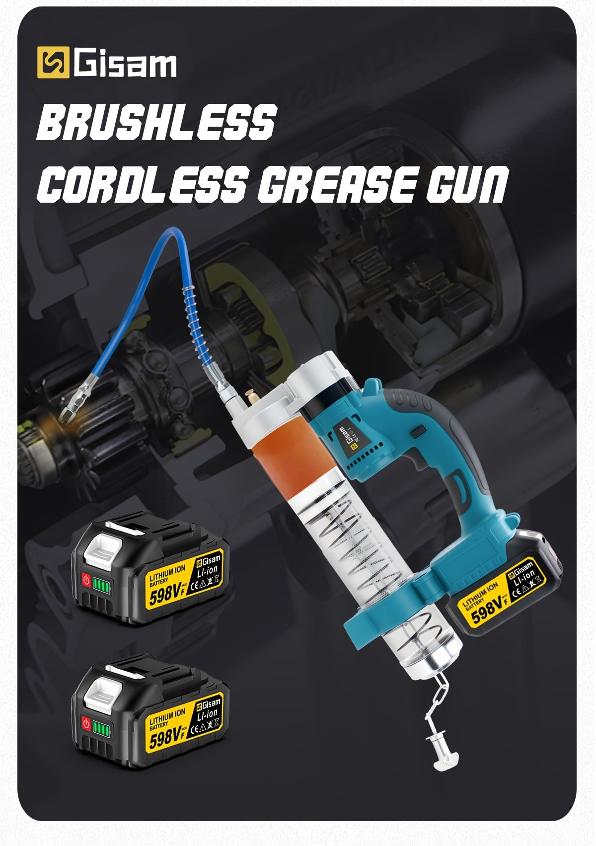 Pistola per Grassi Senza Fili Gisam 10000PSI Motore Brushless ad Alta Pressione con Cartuccia da 16oz e Custodia, Compatibile con Batteria Makita 18V, Strumento Professionale per Lubrificazione Auto (Utensile Elettrico)