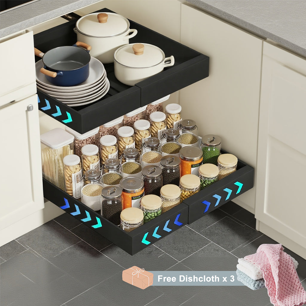 Set di 2 organizzatori estraibili per armadi - cassetto scorrevole espandibile con supporto adesivo resistente, ideale per mobili da cucina e ripiani a scomparsa, perfetto per l'organizzazione della dispensa in cucina, larghezza regolabile 31cm-52cm (nero