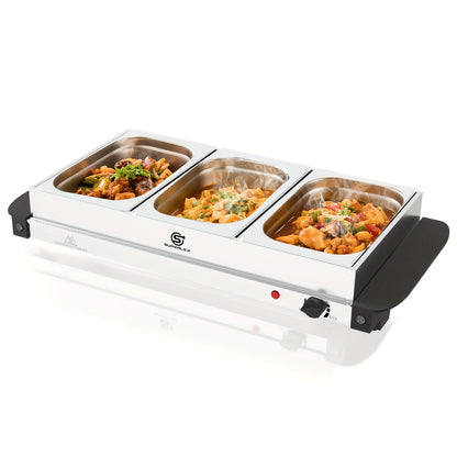 SUPERLEX Buffet Elettrico con Scaldavivande, Dotato di Tre Pentole da 1.5L, un Design Spazioso in Acciaio Inox, una Piastra Riscaldata con Coperchi Rimovibili, Impostazioni di Temperatura Regolabili e una Vassoio Riscaldante Portatile per Mantenere il Cal