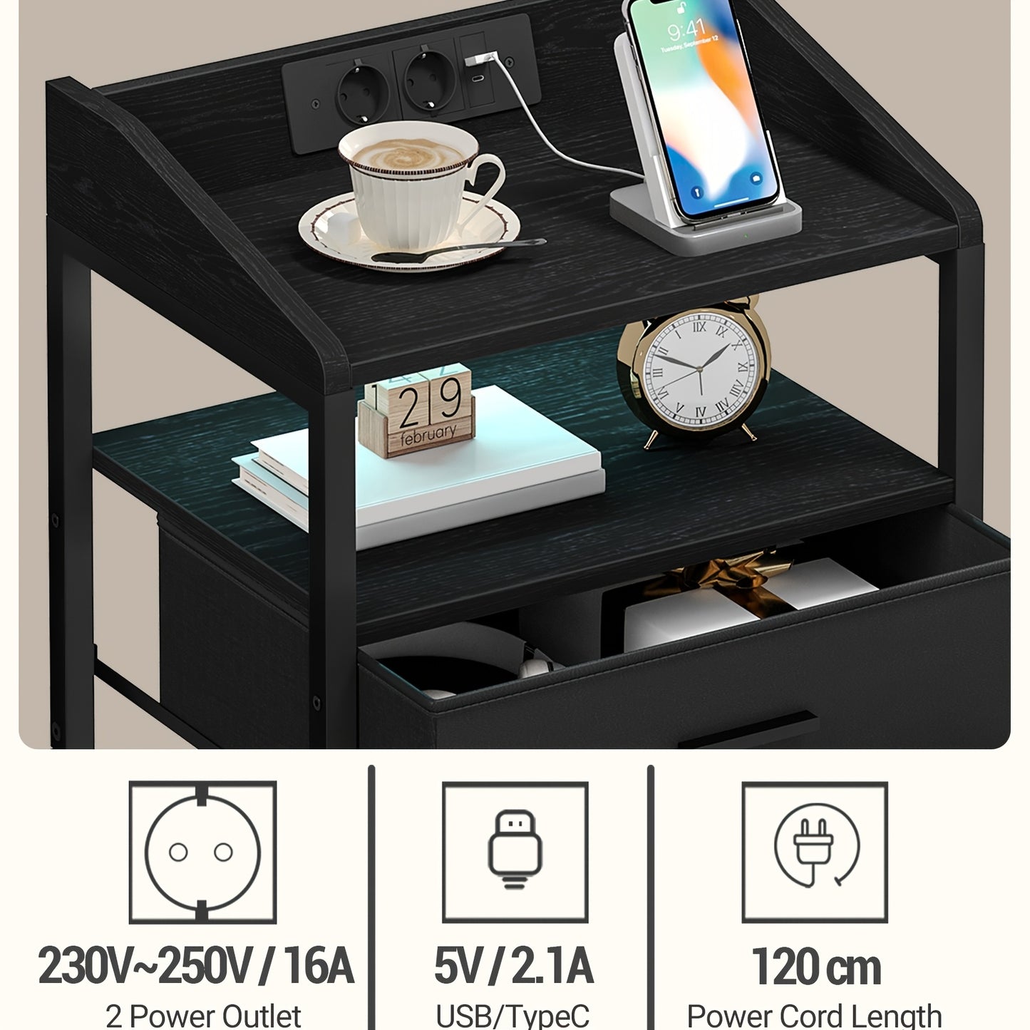 Tavolino da comodino con luci LED e stazione di ricarica, tavolino laterale con 3 cassetti in tessuto e ripiani, con porte USB e prese, per camera da letto, soggiorno