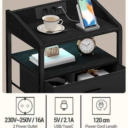 Tavolino da comodino con luci LED e stazione di ricarica, tavolino laterale con 3 cassetti in tessuto e ripiani, con porte USB e prese, per camera da letto, soggiorno