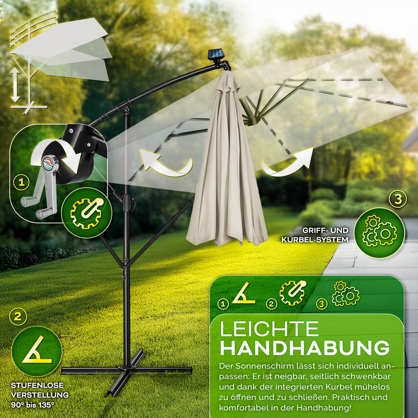 Tillvex® Tenda da Sole Rettangolare in Alluminio con LED Solare Ø 330 Cm + Copertura con Manovella | Ombrello Angolare con Luce Stradale, Supporto e Parabrezza | Grande Ombrello da Giardino in Alluminio con Protezione UV | Ombrello con Manovella, Ombrello