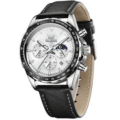 OLEVS Orologi da Uomo con Quadrante Fase Lunare Acciaio Inossidabile/Cinturino in Pelle Cronografo Lusso Business Abito Analogico Quarzo Orologi da Uomo Classici Casual Eleganti Orologi da Polso Quadrante Luminoso Nero/Bianco/Blu/Verde