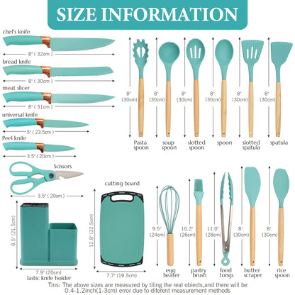 Set da 19 pezzi, Coltello da cucina, Set da cucina, Set di utensili da cucina (con manici in legno), Set di cottura di sicurezza, Set di utensili da cucina antiaderenti, Pentole moderne lavabili, Utensili da cucina, Adatto per regali di Natale e Halloween