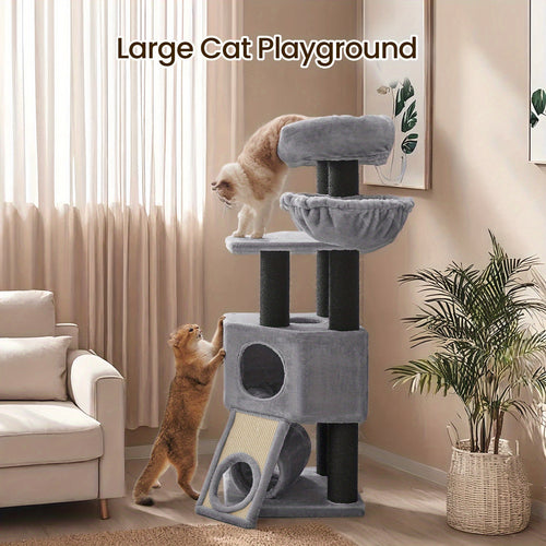 Albero per gatti, grande torre per gatti con posatoio in peluche soffice, condominio per gatti con cestino e grotta per abbracciare, pali extra spessi completamente avvolti in sisal nero, stabile, confortevole