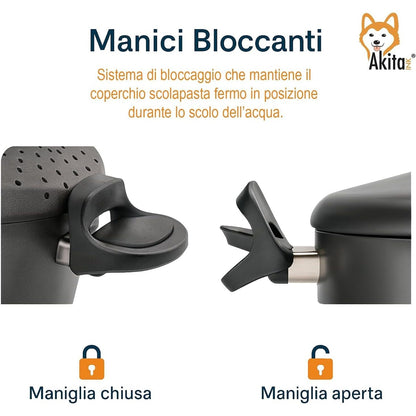 Akitaink Pentola 22cm 5L con Scolapasta Integrato Scoli’ - Pentola Antiaderente in Alluminio con Maniglie Bloccanti, Sicura, Pratica e Facile da Pulire, Scolì Made in Italy
