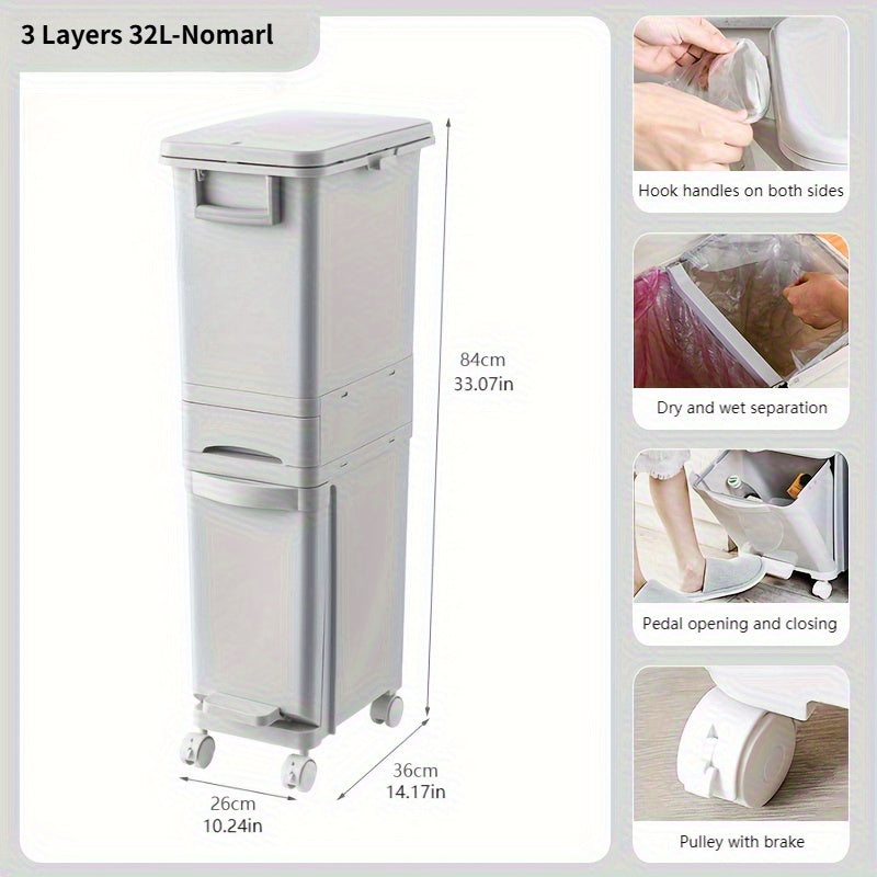 Pattumiera stretta da cucina da 32L con coperchio, raccolta differenziata con divisorio o doppi contenitori interni, a pedale per separazione di rifiuti asciutti e umidi, contenitore per rifiuti in plastica salvaspazio per cucina e bagno