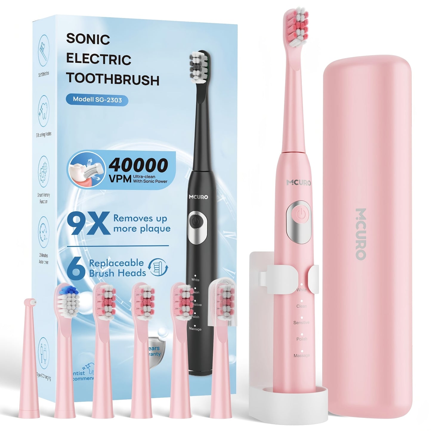 Spazzolino elettrico sonico per adulti con modalità intelligenti e ricaricabile USB, tecnologia a onde sonore adatta a denti e gengive sensibili, setole morbide, 6 testine, custodia da viaggio e supporto da parete, adatto per viaggi, regali di Natale