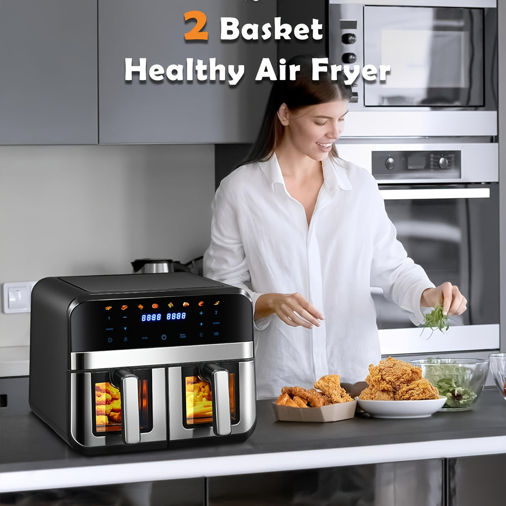 Friggitrice ad Aria Doppia da 9L con Finestra Visiva, 8 Preimpostazioni di Cottura, Touch Screen, Display LED, Friggitrice Digitale a Doppia Zona con Ricettario, Timer e Controllo della Temperatura, Antiaderente