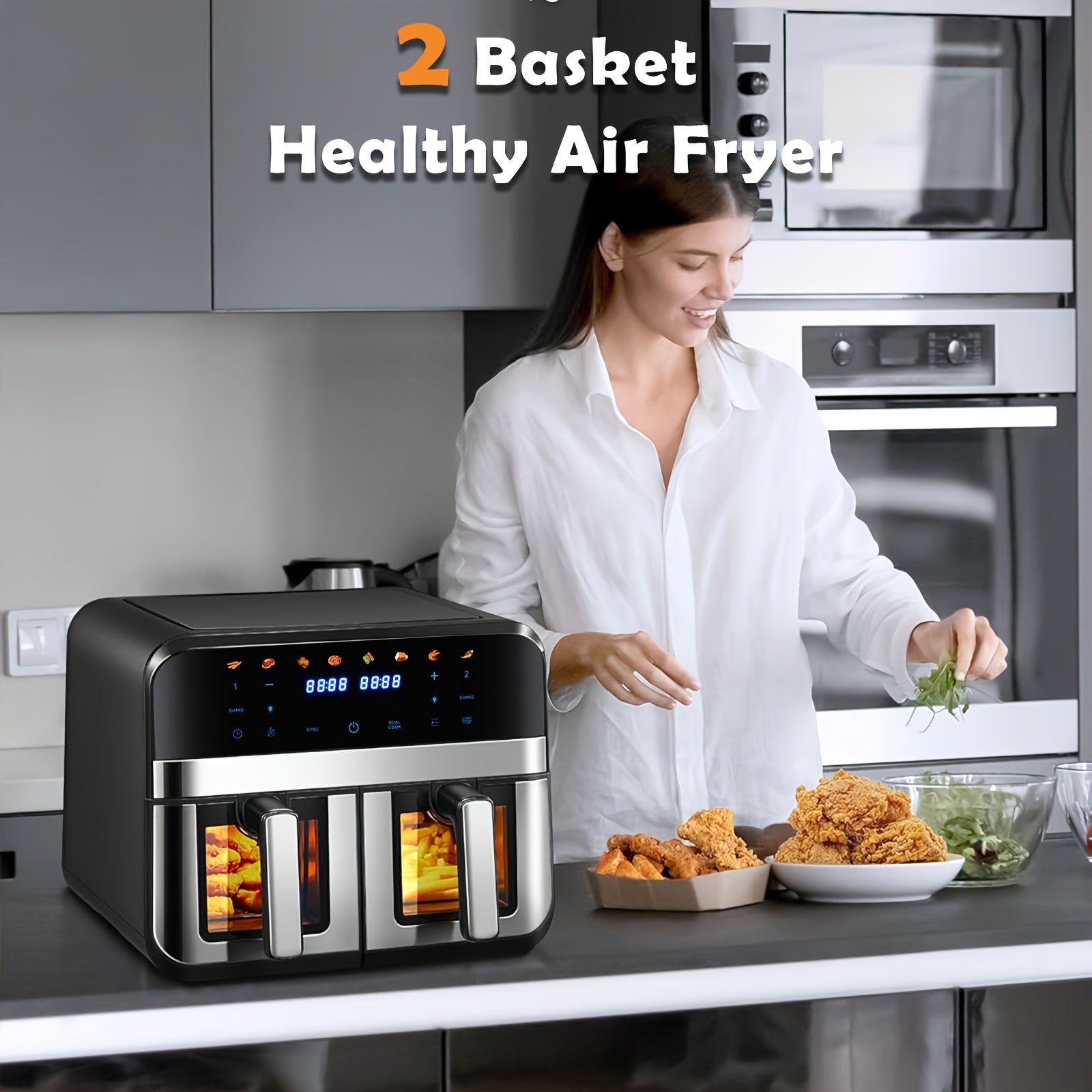 Friggitrice ad Aria Doppia da 9L con Finestra Visiva, 8 Preimpostazioni di Cottura, Touch Screen, Display LED, Friggitrice Digitale a Doppia Zona con Ricettario, Timer e Controllo della Temperatura, Antiaderente