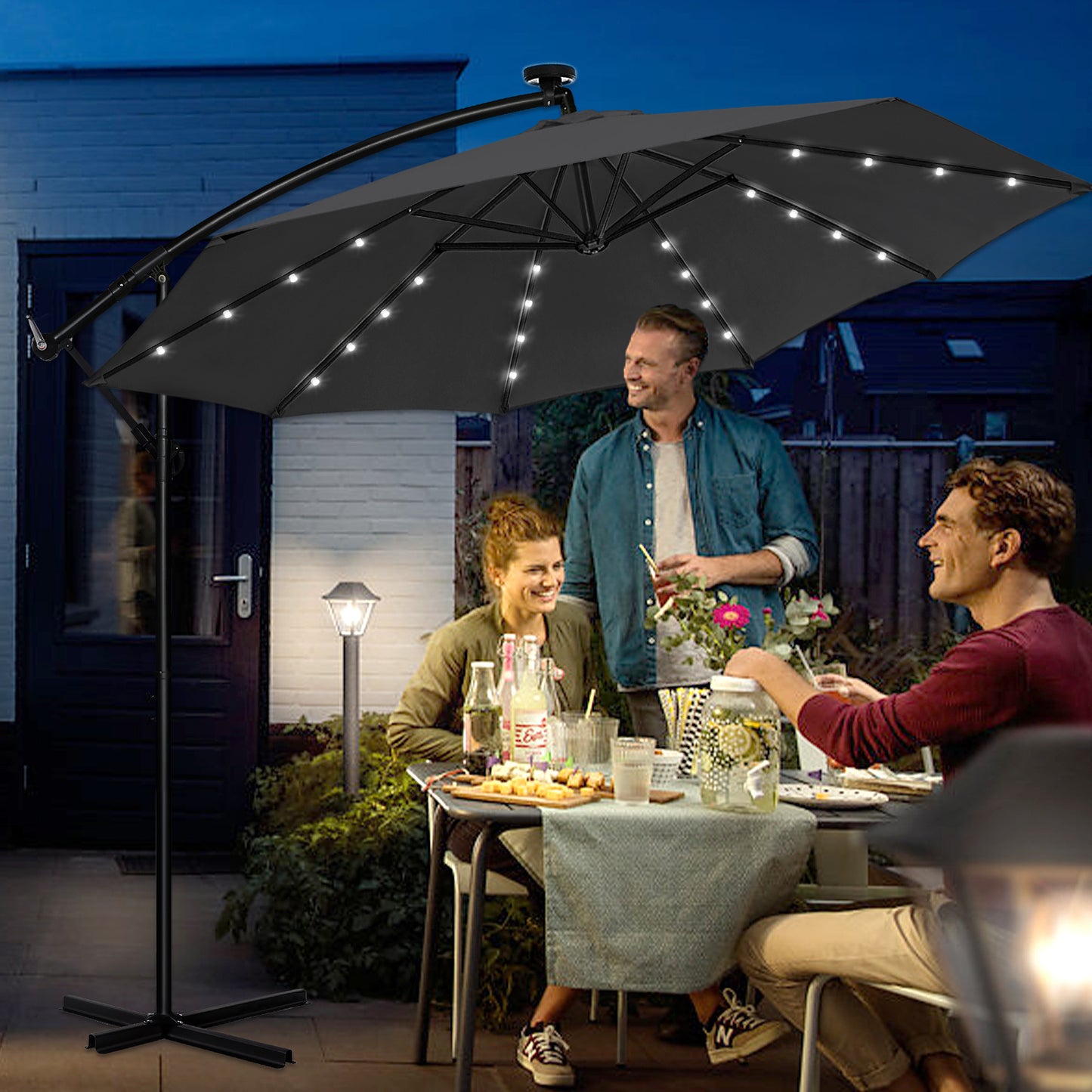 Parasole da balcone 300/350cm, parasole a sbalzo LED con manovella, parasole da giardino in alluminio con supporto, protezione solare, protezione UV, terrazza, giardino, spiaggia