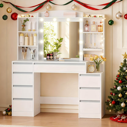 Tavolo da trucco con 8 cassetti, grande specchio con illuminazione LED RGB, ripiano portagioie integrato, piano di lavoro largo 120 cm con comodino, bianco
