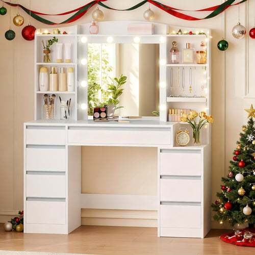 Tavolo da trucco con 8 cassetti, grande specchio con illuminazione LED RGB, ripiano portagioie integrato, piano di lavoro largo 120 cm con comodino, bianco