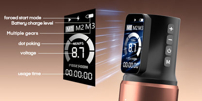 Kit Macchinetta Tatuaggio Rotante Wireless POSEIDON, Penna con Motore Senza Albero e Passo Regolabile da 2.4-4.2Mm, Due Batterie con Schermo Digitale da 2300Mah, Include 10 Aghi per Tatuaggio e Altre Accessori