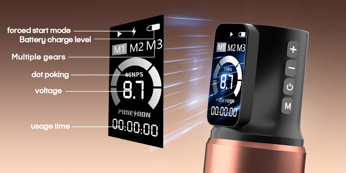 Kit Macchinetta Tatuaggio Rotante Wireless POSEIDON, Penna con Motore Senza Albero e Passo Regolabile da 2.4-4.2Mm, Due Batterie con Schermo Digitale da 2300Mah, Include 10 Aghi per Tatuaggio e Altre Accessori