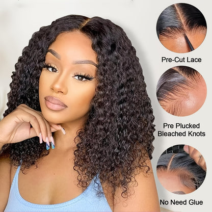 Parrucca in capelli umani senza colla, indossa e via - parrucca bob riccia kinky densità 150% con chiusura in pizzo HD 4x4, nessuna colla necessaria, aspetto naturale e facile da indossare
