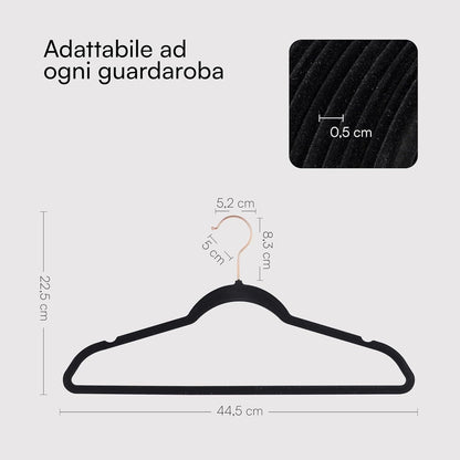 Baroni Home Grucce in Velluto Salvaspazio 44,5 cm – Appendiabiti Antiscivolo con Gancio in Oro o Argento – Design Elegante e Ultra Sottile, Ideali per Vestiti, Camicie, Cappotti – Alta Capacità di Carico – Set da 20 o 50 Pezzi per Organizzare al Meglio il