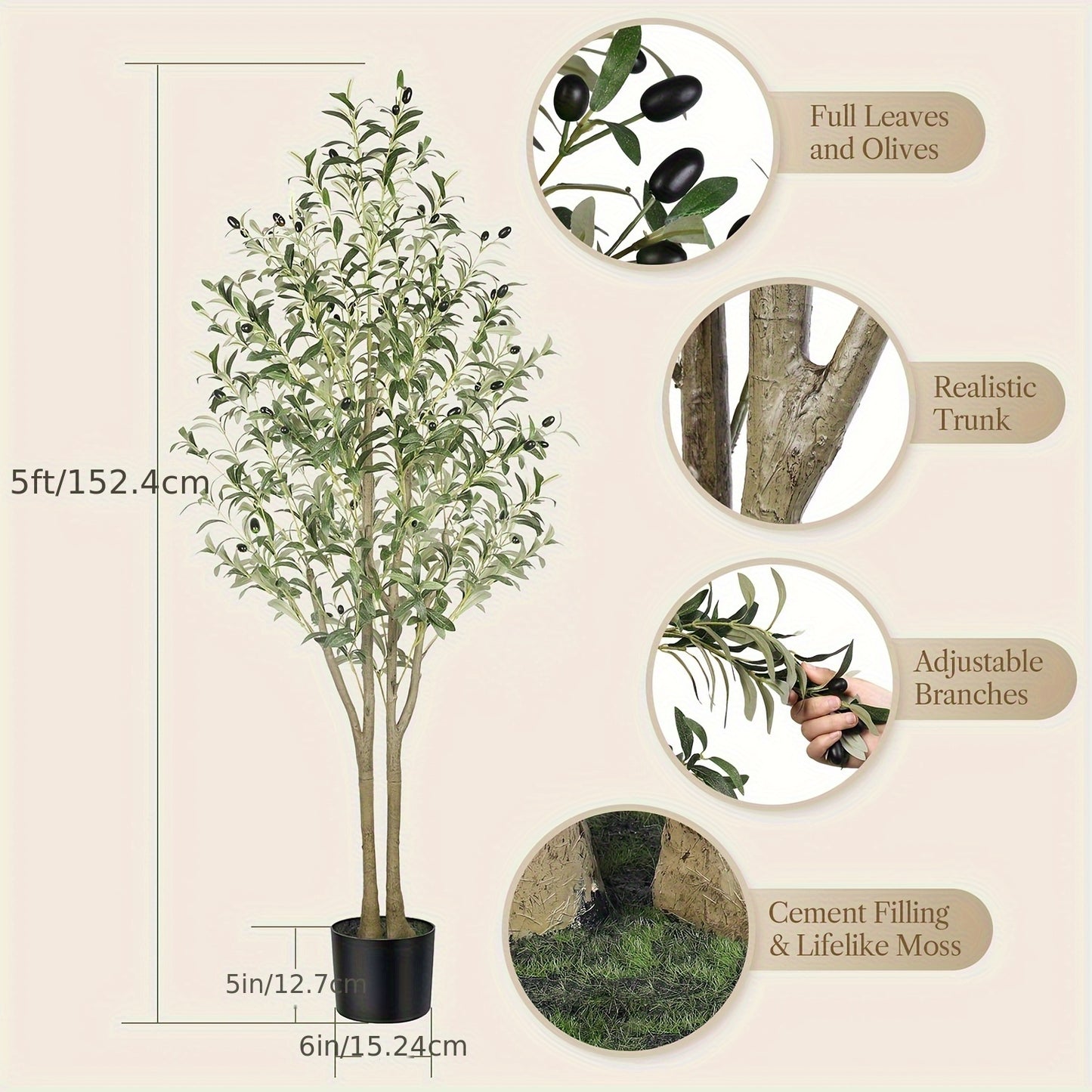 Albero di ulivo artificiale di 120/150/180/210 cm di altezza con frutti realistici e tronco in legno naturale, perfetto per l'arredamento moderno di casa, ufficio e soggiorno