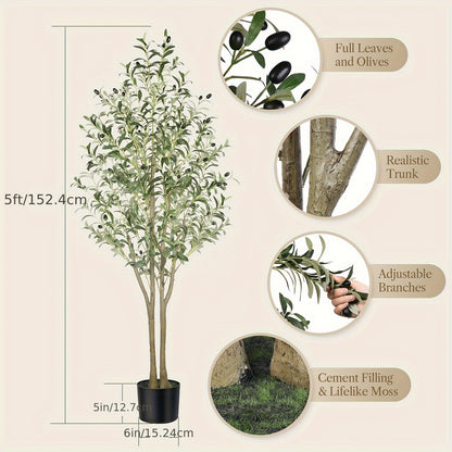 Albero di ulivo artificiale di 120/150/180/210 cm di altezza con frutti realistici e tronco in legno naturale, perfetto per l'arredamento moderno di casa, ufficio e soggiorno