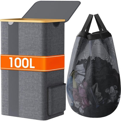 Furnestorica Cesto Portabiancheria con Coperchio, Design a Rete Trasparente con Capacità Chiara, Cesto per Biancheria da 100L con Manici e Sacca per Bucato Rimovibile, Cesto Traspirante con Coperchio per Camera da Letto, Bagno, Dormitorio, Lavanderia, Ces