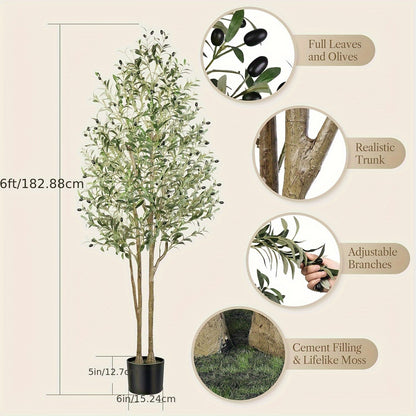 Albero di ulivo artificiale di 120/150/180/210 cm di altezza con frutti realistici e tronco in legno naturale, perfetto per l'arredamento moderno di casa, ufficio e soggiorno