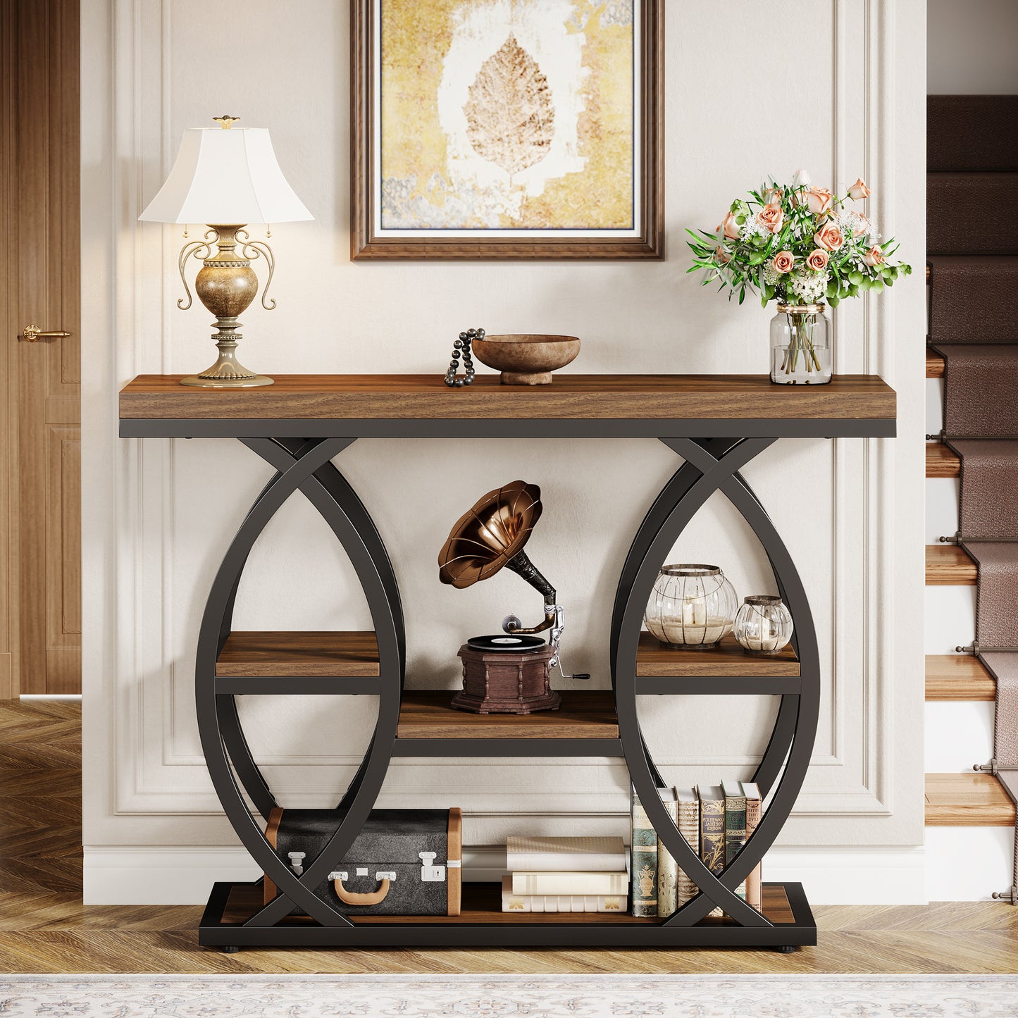 Console Table, 100 X 30Cm Tavolo da Divano Industriale a 4 Livelli con Ripostiglio, Tavoli Accenti in Legno Sottile con Struttura in Metallo per Piccole Stanze, Corridoio, Ingresso, Marrone Rustico.