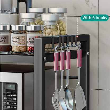 Scaffale per Microonde 3 Ripiani Estendibile con 6 Ganci, Mensola da Cucina, Porta Spezie, Organizzatore per Armadio Microonde, Nero, Estendibile da 40 a 64 cm