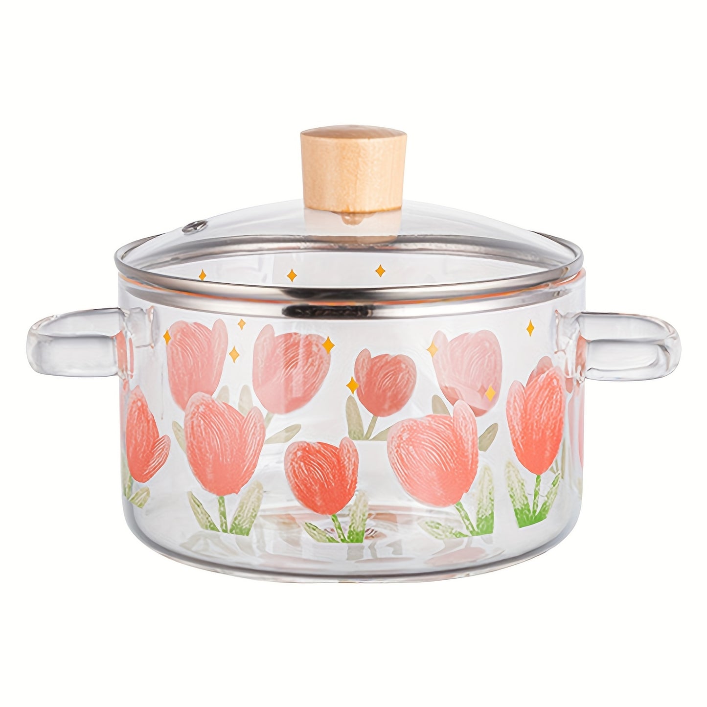1 pezzo di pentola in vetro stampata con tulipani da 1500ml/50.7oz. Realizzata in vetro borosilicato, adatta per fornelli a gas, fornelli portatili e a cartuccia, non adatta per piastre a induzione, pentolino piccolo con doppie maniglie
