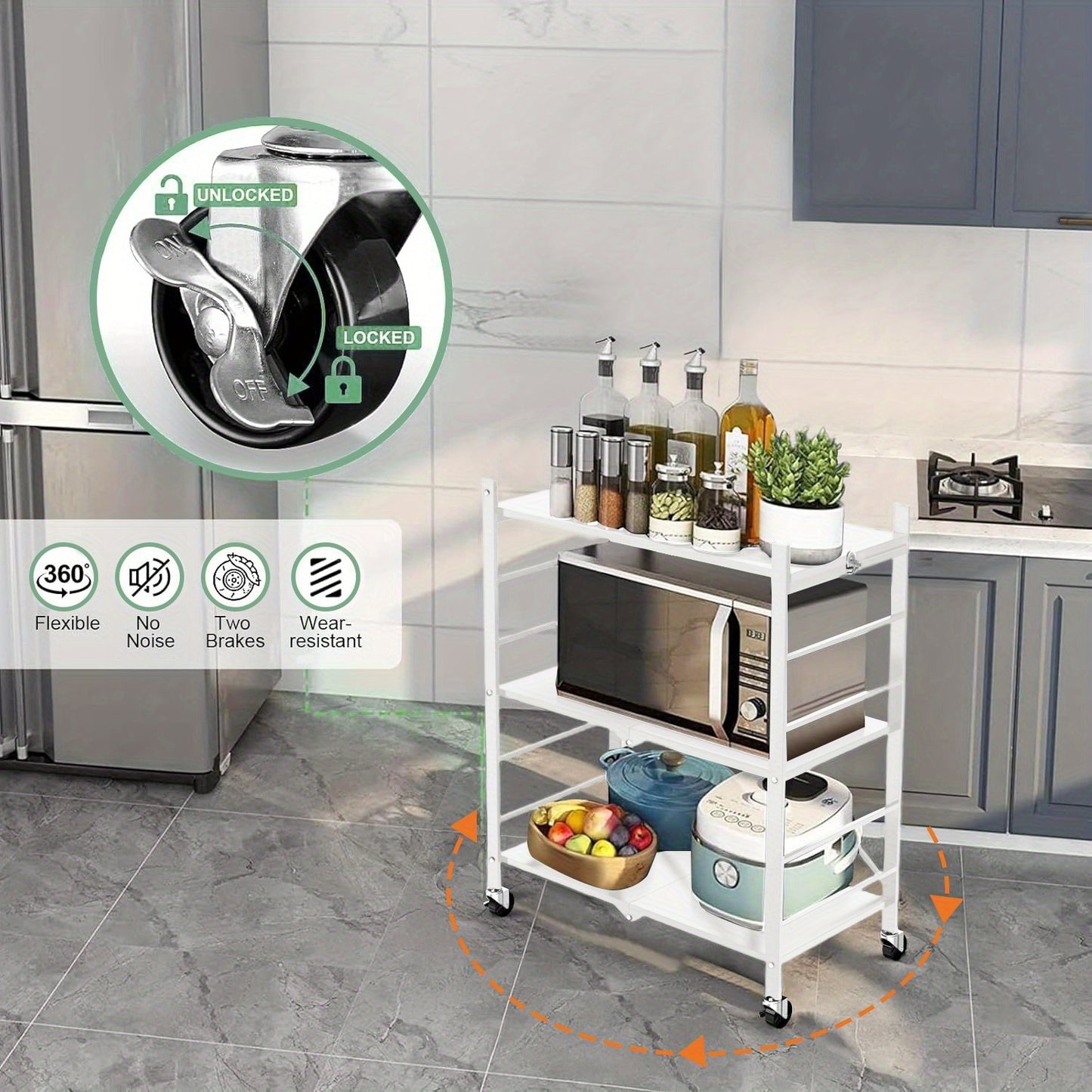 Scaffale da cucina dorato a 3 ripiani con ruote, scaffale pieghevole, scaffale da cucina mobile, scaffale verticale, nessuna installazione richiesta, scaffale da cucina e carrello mobile, adatto per dispensa o ufficio (Nero, Bianco)