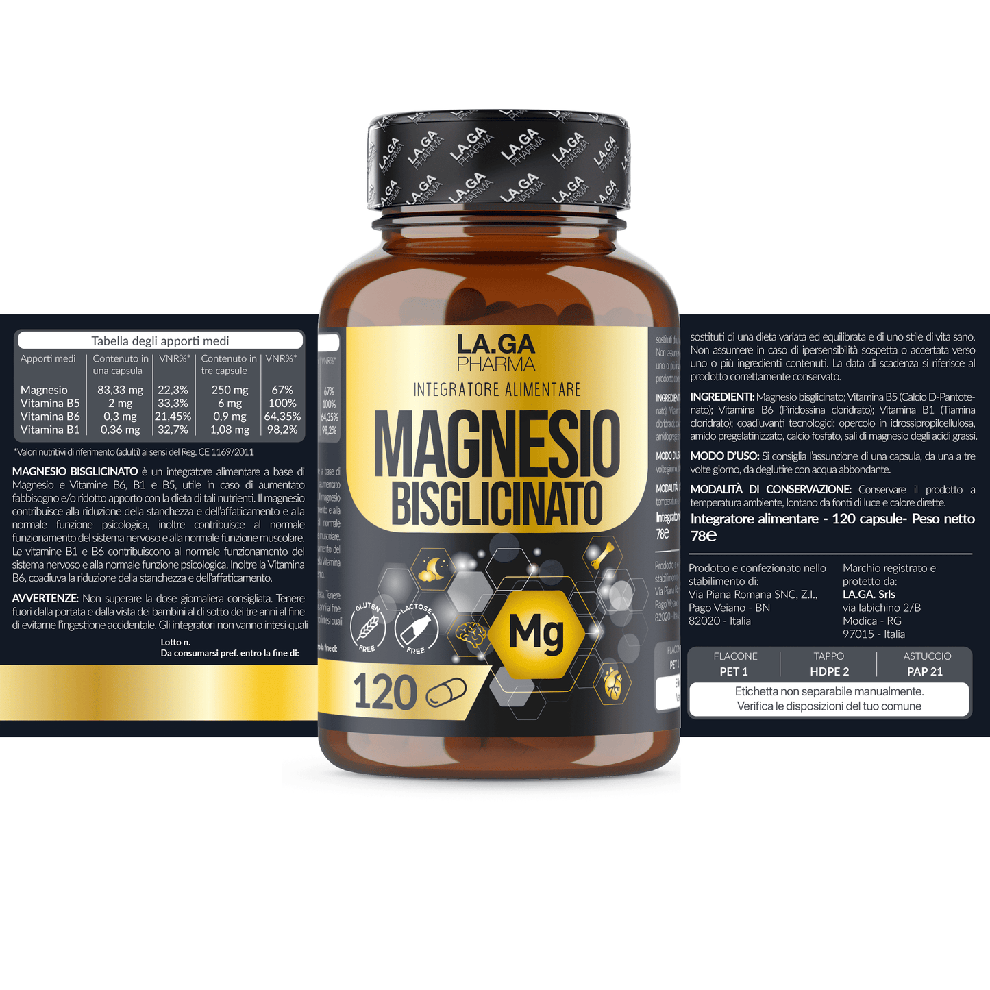 Bisglicinato di Magnesio (Fornitura fino a 4 Mesi), Magnesio Completo 120 Capsule con Vitamine B5, B6 e B1. Integratore Antistress. Senza Glutine e Lattosio, Made in Italy. LAGA PHARMA