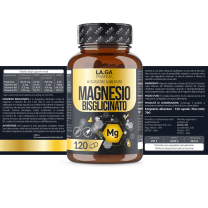 Bisglicinato di Magnesio (Fornitura fino a 4 Mesi), Magnesio Completo 120 Capsule con Vitamine B5, B6 e B1. Integratore Antistress. Senza Glutine e Lattosio, Made in Italy. LAGA PHARMA