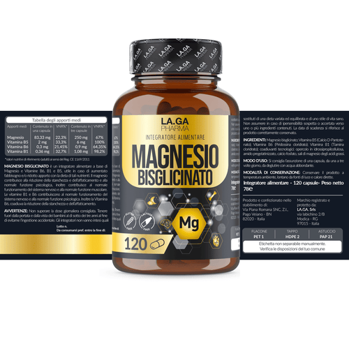 Bisglicinato di Magnesio (Fornitura fino a 4 Mesi), Magnesio Completo 120 Capsule con Vitamine B5, B6 e B1. Integratore Antistress. Senza Glutine e Lattosio, Made in Italy. LAGA PHARMA