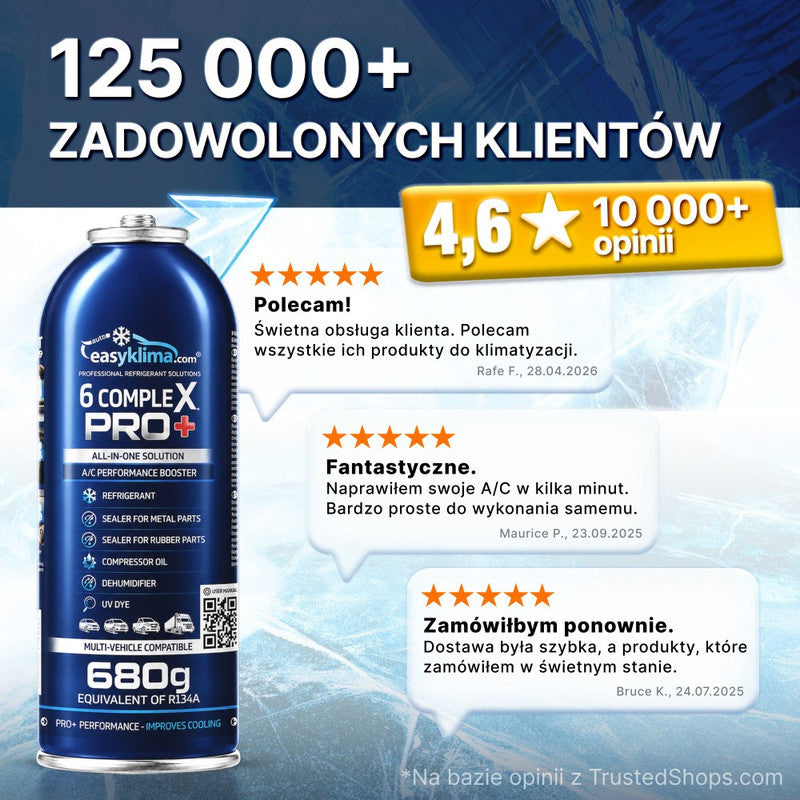 Kit 2x EasyKlima 6 Complex PRO+ R134a 6 in 1, due preparati per aria condizionata automobilistica, bombola da 680 g, agente di ricarica per impianti, sigillante per gomma e metallo, olio per compressore, essiccante per riduzione umidità, colorante UV per