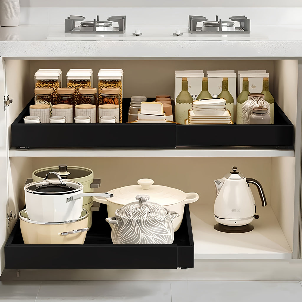 Organizzatore Espandibile per Armadi con Pellicola Adesiva, Larghezza Regolabile da 31cm a 52cm, Cassetto in Metallo Resistente per Pensili di Base, Dispensa e Bagno, Bianco & Nero, Meccanismo Scorrevole Fluido, Facile Installazione, Offerta HOT Devesante