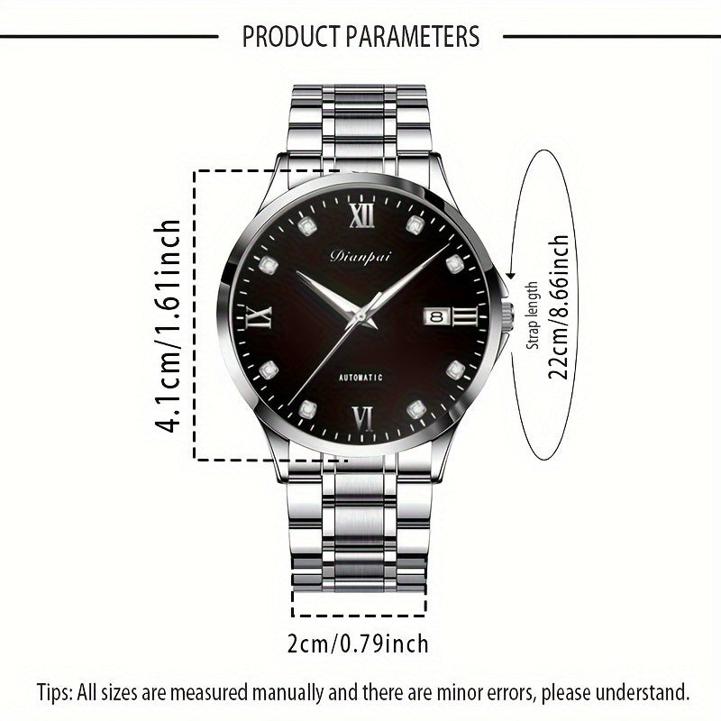 Orologio meccanico automatico da uomo Dianpai, sottile in acciaio inossidabile con quadrante luminoso e calendario, regalo ideale per uomo, senza batteria