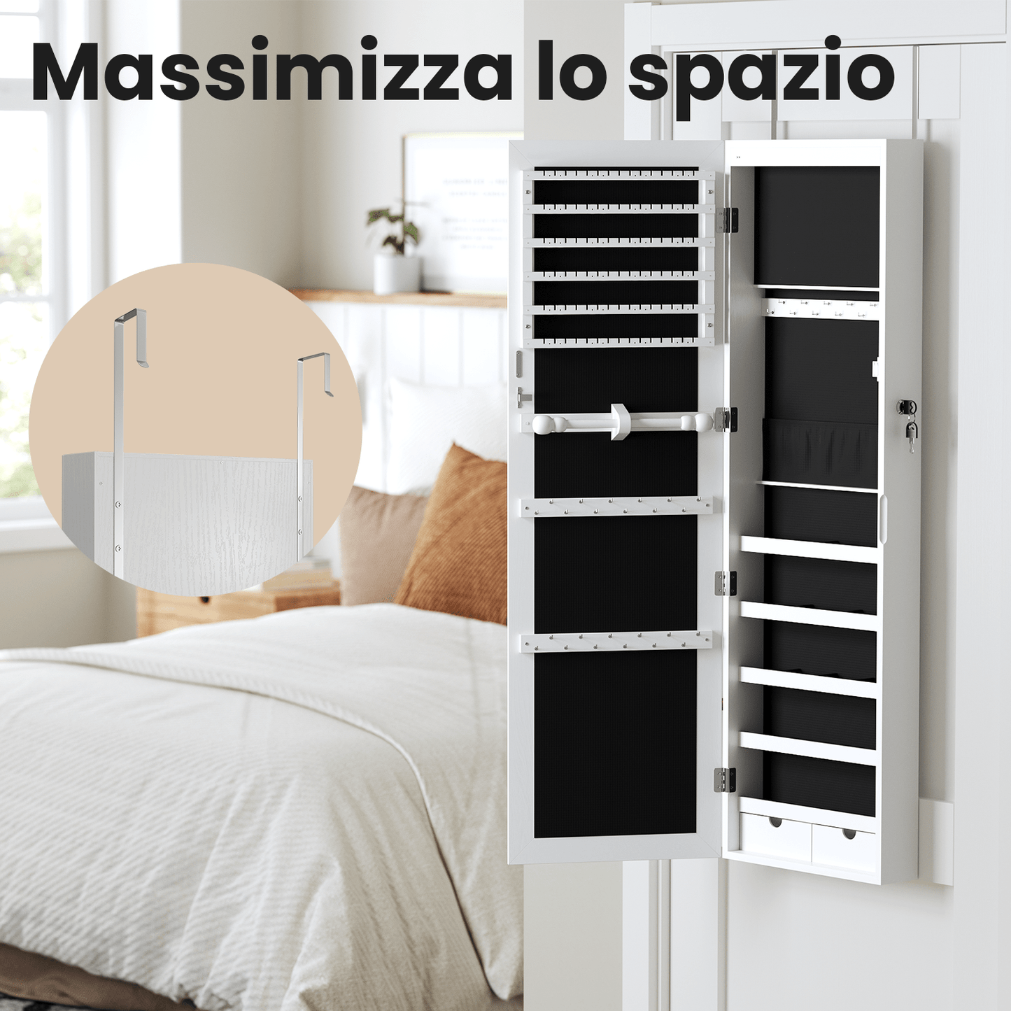Armadietto Portagioie da Parete o Porta, con Specchio e 6 Lampadine LED, Serratura