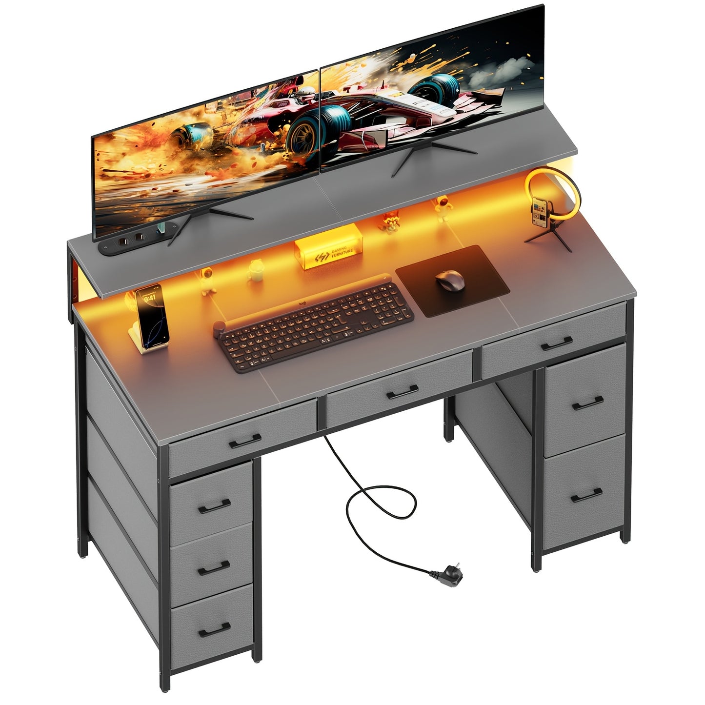Armadietto da Ingresso con 8 Cassetti, Scrivania per Computer 120cm x 50cm con Luci LED e Porte USB, Tavolo per Ufficio Domestico con Supporto per Monitor, Tavolo da Studio per Camera da Letto e Soggiorno, per Adulti