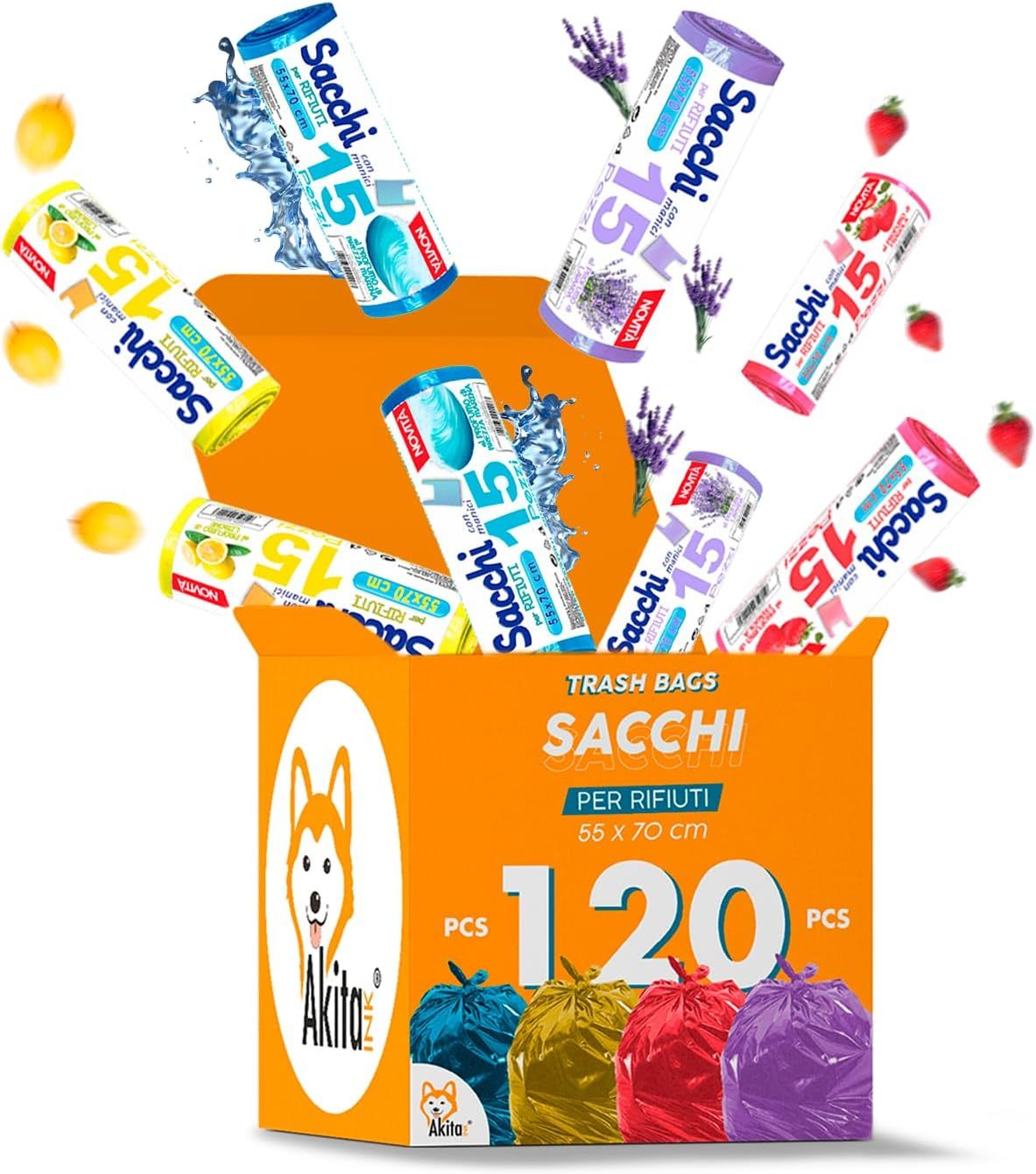 Akitaink Sacchi spazzatura Antiforo con Manici - Profumati - 120 pz da 45L | Misure 55x70cm | Vari Profumi: Brezza Marina, Fragola, Limone e Lavanda Made in Italy