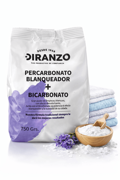 Sbiancante Diranzo al Percarbonato, Percarbonato di Sodio 750g, 100% Puro, Smacchiatore, Igienizzante, Adatto per Vestiti Bianchi e Colorati, Elimina Macchie Ostinate e Odori, Prolunga la Vita della Lavatrice