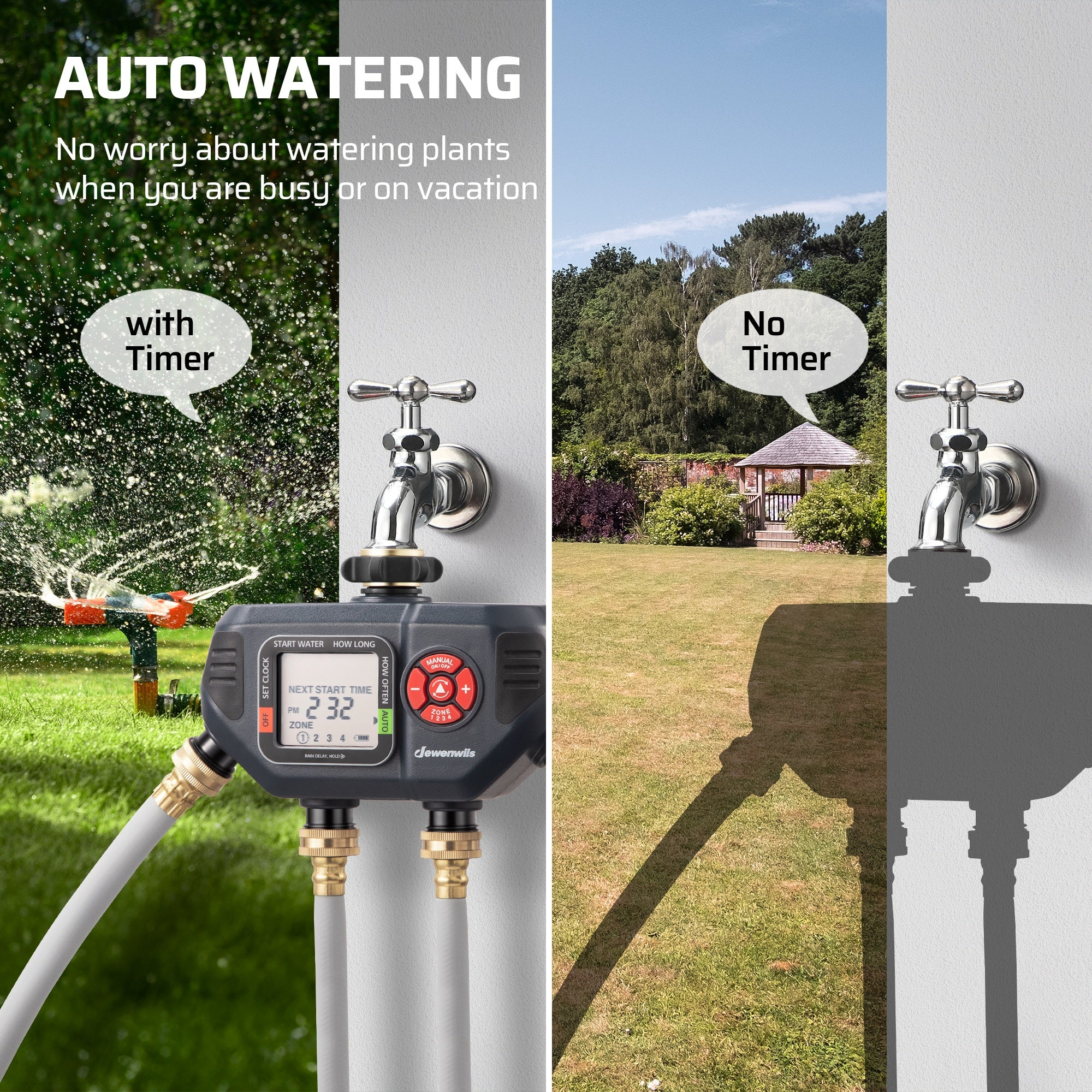 4-Zone Sprinkler Timer with Auto/Manual/Rain Delay Modes – Programmable Garden Irrigation Controller, 3.4" LCD Display