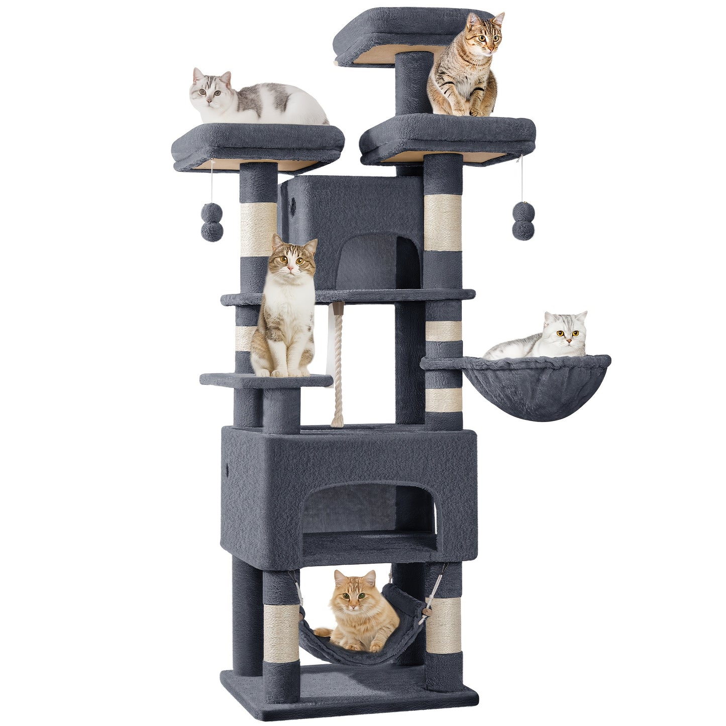 Torre Alta per Gatti, 176 cm di Altezza, Extra Large, con 3 Livelli, 2 Nascondigli, 7 Tavole per Graffiare, una Amaca, Palline Morbide, Ideale per Case con Molteplici Gatti