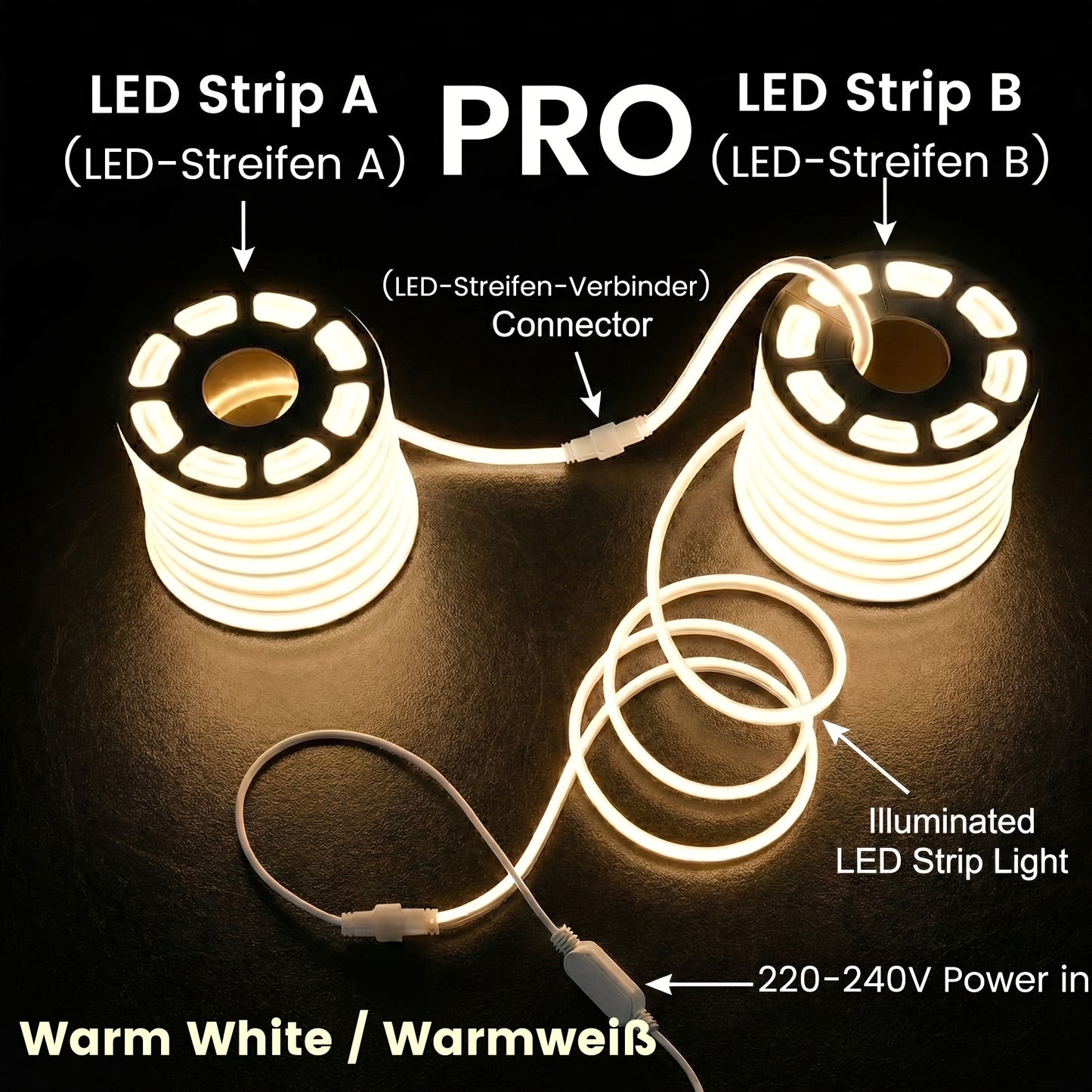 Striscia LED COB IP65 Flessibile 220V/230V, Bianco Caldo e Bianco Freddo, Neon LED in Silicone per Interni ed Esterni, Camera da Letto, Patio, Feste, Fai da Te e Decorazione Casa, per Insegne, Pareti, Bar, Illuminazione Festiva, 2m/20m/30m/50m